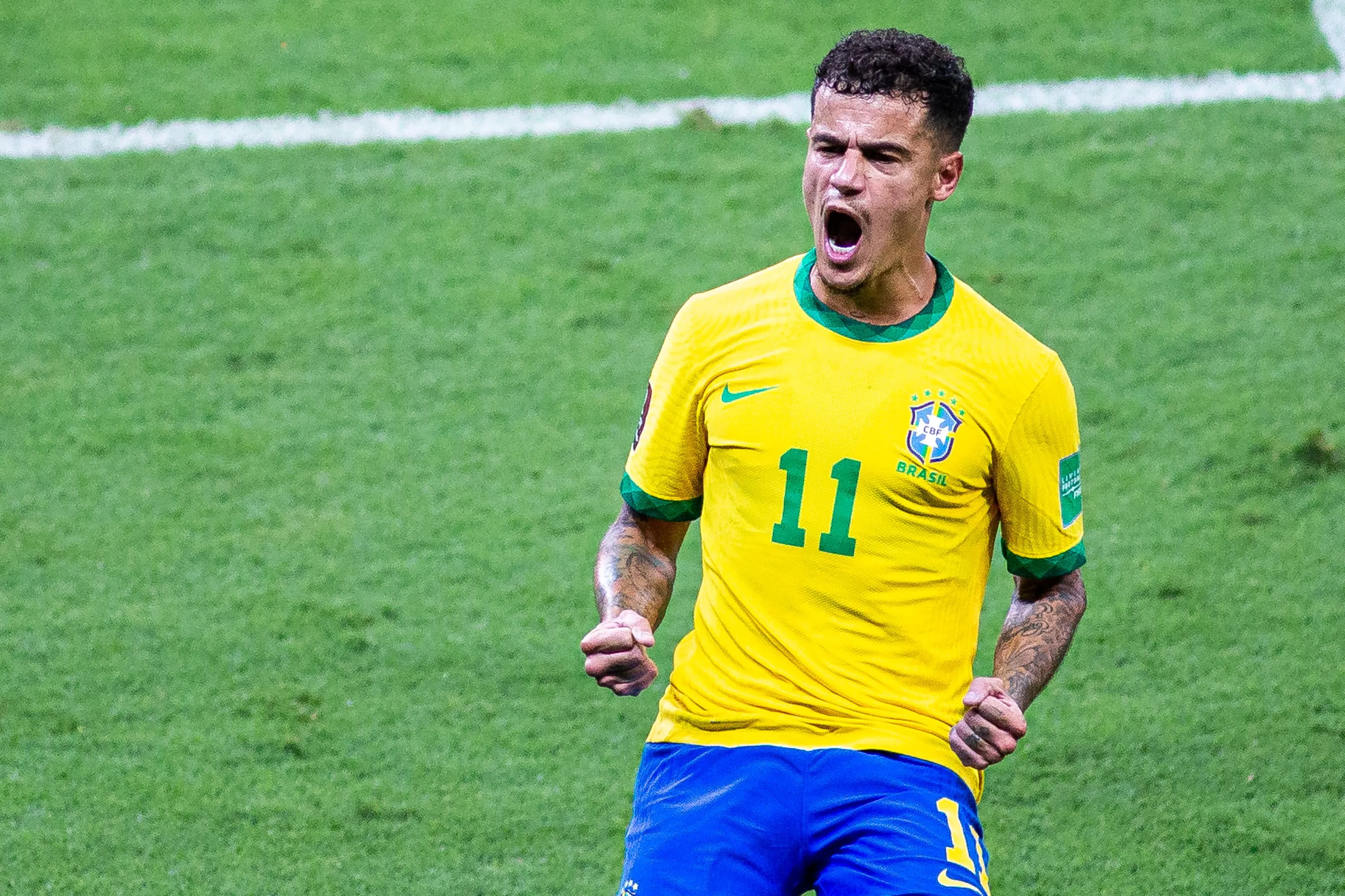 Coutinho jogador do Brasil comemora seu gol durante partida contra o Paraguai no estádio Mineirão pelo campeonato Eliminatórias Copa do Mundo 2022. Foto: Alessandra Torres/AGIF