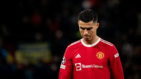 MANCHESTER, ENGLAND - MARCH 15: Cristiano Ronaldo of Manchester United reacts during the UEFA Champions League Round Of Sixteen Leg Two match between Manchester United and Atletico Madrid at Old Trafford on March 15, 2022 in Manchester, United Kingdom. (Photo by Ash Donelon/Manchester United via Getty Images)