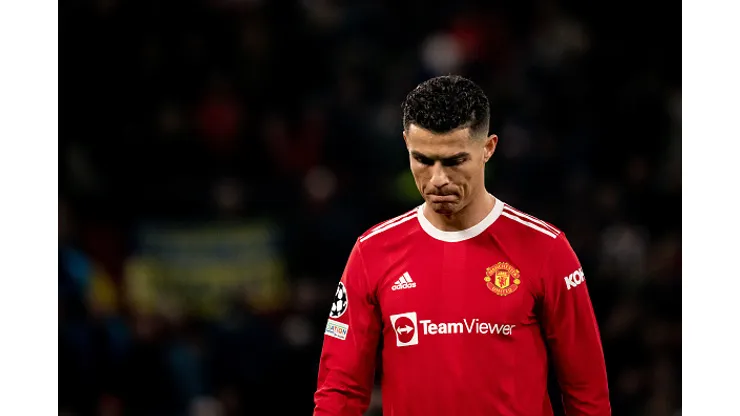 MANCHESTER, ENGLAND - MARCH 15: Cristiano Ronaldo of Manchester United reacts during the UEFA Champions League Round Of Sixteen Leg Two match between Manchester United and Atletico Madrid at Old Trafford on March 15, 2022 in Manchester, United Kingdom. (Photo by Ash Donelon/Manchester United via Getty Images)