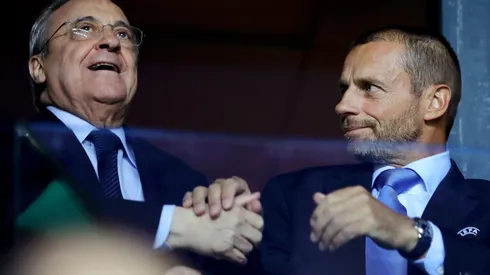 TALLINN, ESTONIA – AUGUST 15: Florentino Pérez, President of Real Madrid (L) and Aleksander Ceferin, President of UEFA shake hands during the UEFA Super Cup between Real Madrid and Atletico Madrid at Lillekula Stadium on August 15, 2018 in Tallinn, Estonia. (Photo by Alexander Hassenstein/Getty Images)