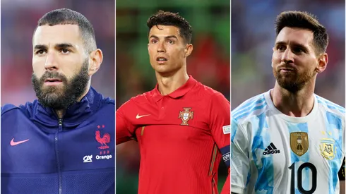 Fotos: (Christian Hofer/Getty Images/Carlos Rodrigues/Getty Images/ Juan Manuel Serrano Arce/Getty Images) – Benzema, Cristiano Ronaldo e Messi são alguns exemplo que podem fazer sua última Copa do Mundo no Catar