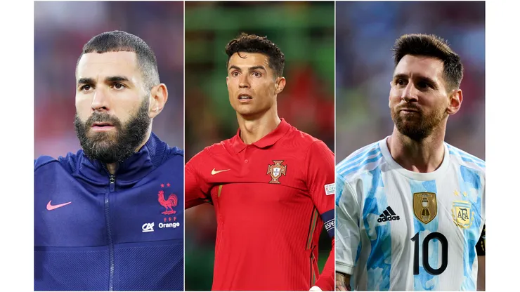 Fotos: (Christian Hofer/Getty Images/Carlos Rodrigues/Getty Images/ Juan Manuel Serrano Arce/Getty Images) - Benzema, Cristiano Ronaldo e Messi são alguns exemplo que podem fazer sua última Copa do Mundo no Catar
