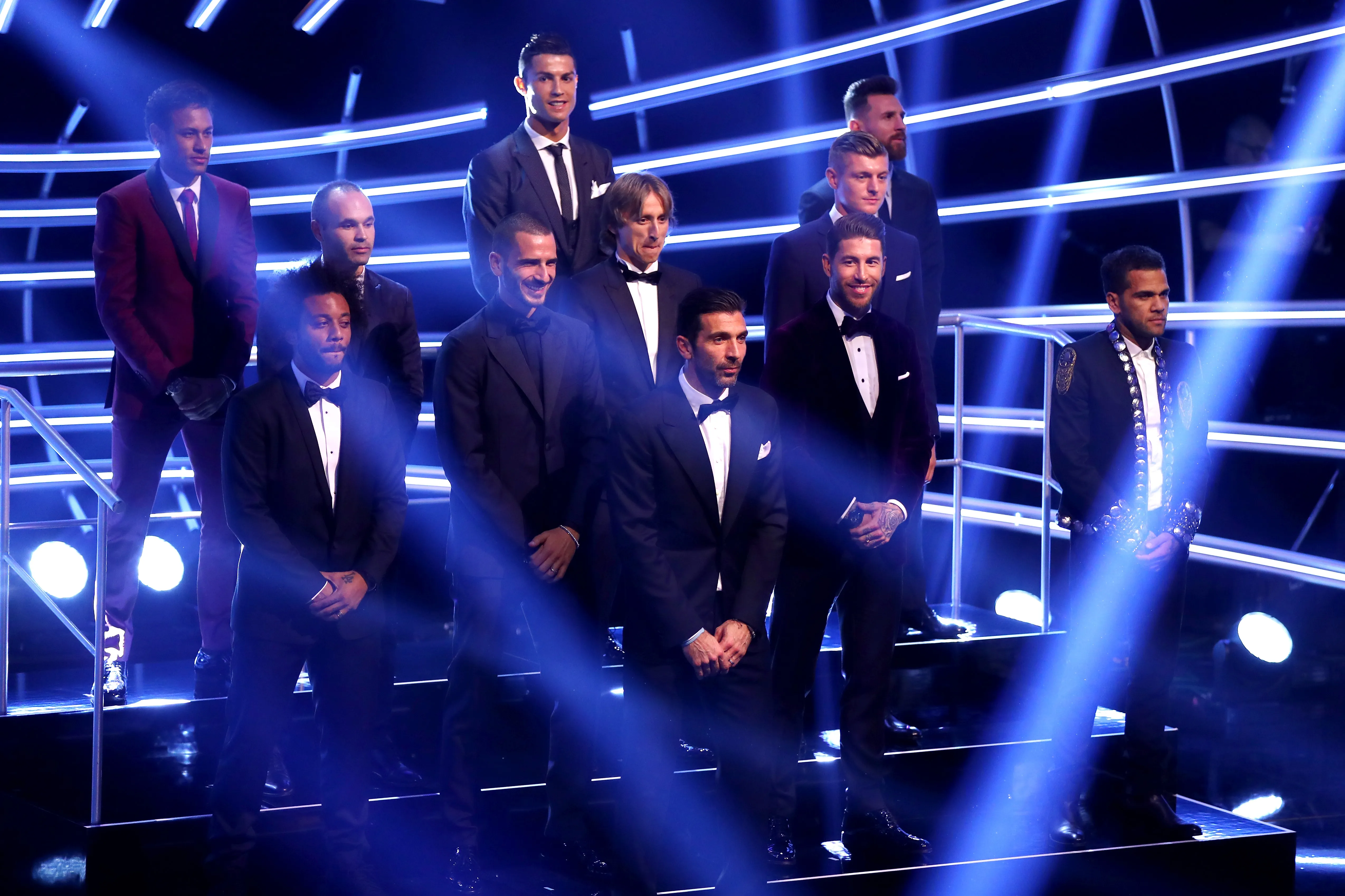 LONDON, ENGLAND – OCTOBER 23:  Gianluigi Buffon, Dani Alves,  Leonardo Bonucci, Sergio Ramos, Marcelo; Luka Modric, Toni Kroos, Andres Iniesta; Lionel Messi, Cristiano Ronaldo and Neymar are named The Fifa FifPro World XI during The Best FIFA Football Awards Show on October 23, 2017 in London, England.  (Photo by Michael Steele/Getty Images)