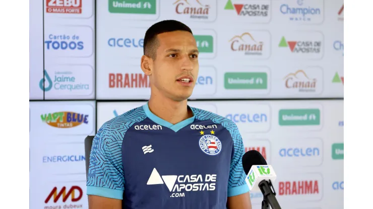 Foto: (Felipe Oliveira / EC Bahia) - Gabriel Xavier concedeu entrevista coletiva no Bahia nesta sexta (16)