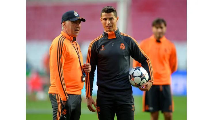Michael Regan/Getty Images- Ancelotti e CR7 em sua passagem pelo Real Madrid