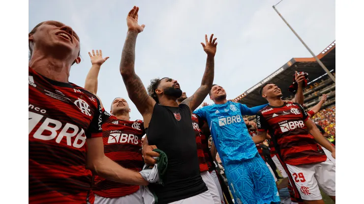 Buda Mendes/Getty Images- Jogadores do Flamengo comemorando o título da Libertadores de 2022