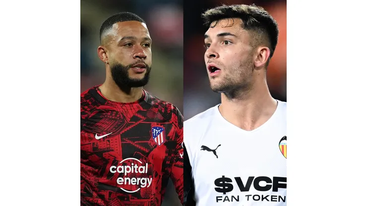 Alex Caparros/David Ramos/ Getty Images- Memphis Depay (Atlético de Madrid) e Hugo Duro (Valencia)