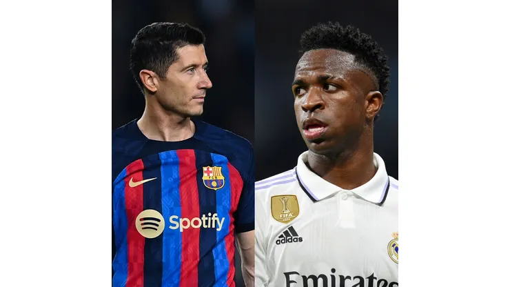 David Ramos/Denis Doyle/ Getty Images- Lewandowski (Barcelona) e Vinícius Jr. (Real Madrid)