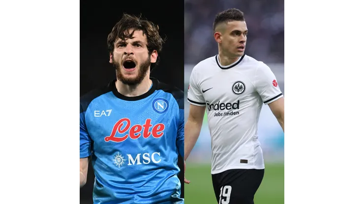 Francesco Pecoraro/Alex Grimm/Getty Images- Kvaratskhelia (Napoli) e Borré (Eintracht)
