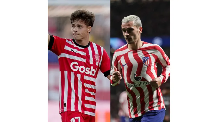 Alex Caparros/Gonzalo Arroyo Moreno/Getty Images- Roro Riquelme (Girona) e Griezmann (Atlético de Madrid)