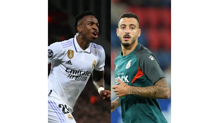 Michael Regan/ Juan Manuel Serrano Arce/ Getty Images- Vinícius Jr. (Real Madrid) e Joselu (Espanyol)