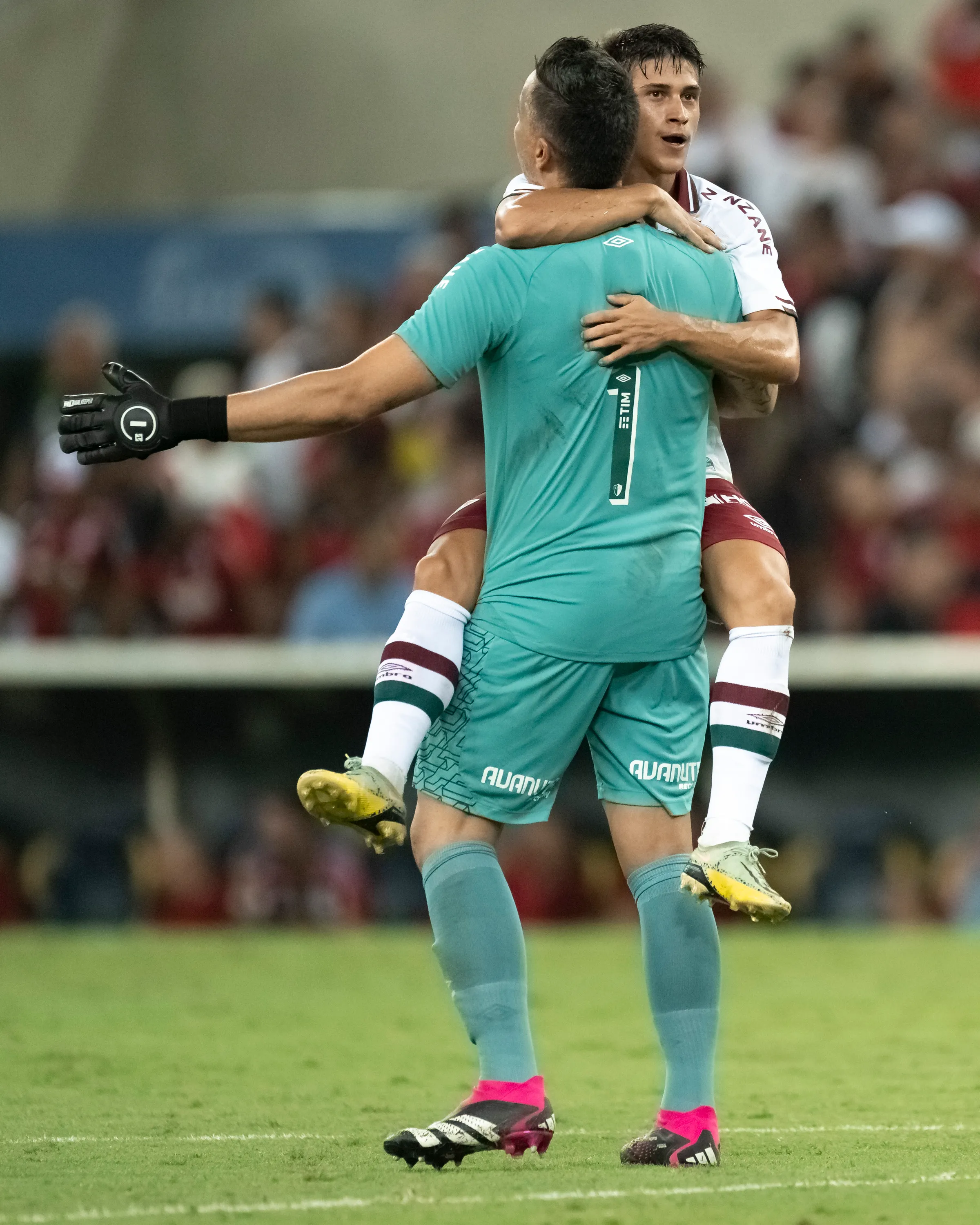 Gabriel Pirani, do Fluminense, em comemoração de gol junto ao goleiro Fábio (Foto: Jorge Rodrigues/AGIF)