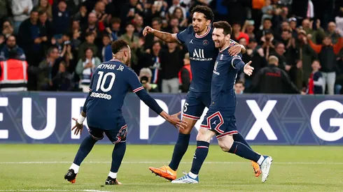 PARIS, FRANCE – APRIL 23: Lionel Messi #30 of Paris Saint-Germain celebrates his goal with Marquinhos #5 of Paris Saint-Germain and Neymar Jr #10 of Paris Saint-Germain during the Ligue 1 Uber Eats match between Paris Saint Germain and RC Lens at Parc des Princes on April 23, 2022 in Paris, France. (Photo by Catherine Steenkeste/Getty Images)