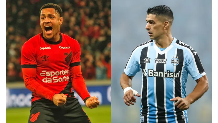 Gabriel Machado/Pedro H. Tesch/AGIF- Vitor Roque (Athletico) e Luis Suárez (Grêmio).
