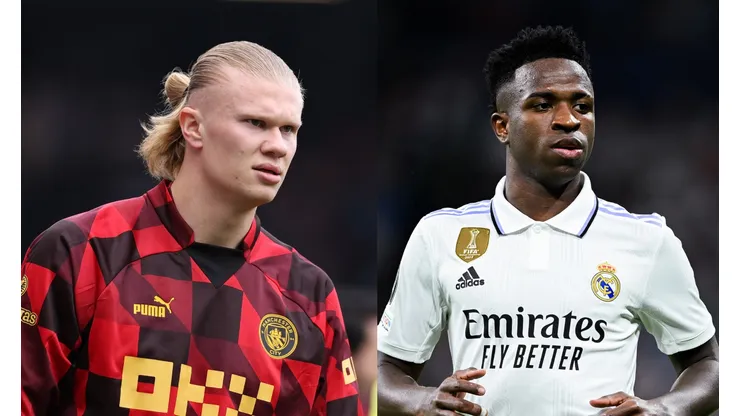 Richard Heathcote/ David Ramos/ Getty Images- Erling Haaland (City) e Vini Jr. (Real Madrid).