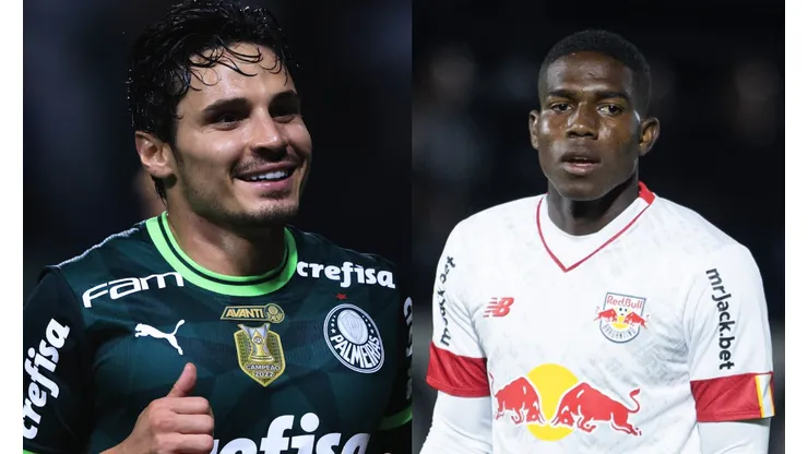 Ettore Chiereguini/Diogo Reis/AGIF- Raphael Veiga (Palmeiras) e Henry Mosquera (Bragantino).
