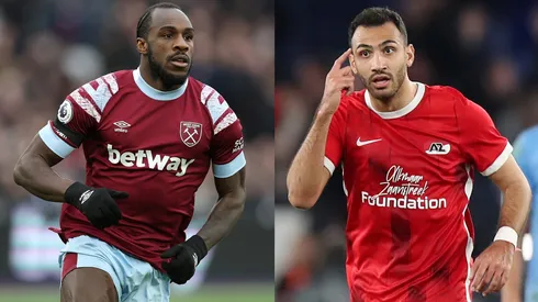 Julian Finney/Paolo Bruno/ Getty Images- Michail Antônio (West Ham) e Evangelos Pavlidis (AZ).