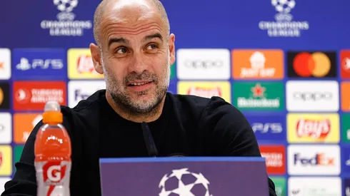 MADRID, SPAIN – MAY 08: Pep Guardiola, head coach of Manchester City, attends his press conference before the UEFA Champions League football match between Real Madrid and Manchester City at Santiago Bernabeu Stadium on May 08, 2023 in Madrid, Spain. (Photo By Oscar J. Barroso/Europa Press via Getty Images)
