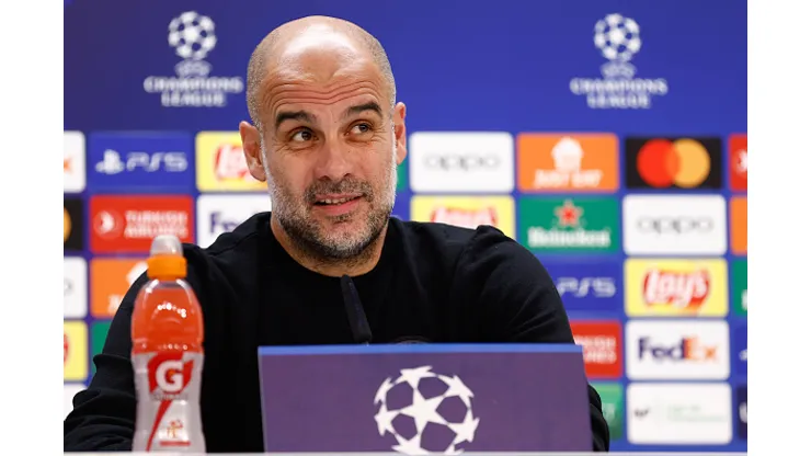 MADRID, SPAIN - MAY 08: Pep Guardiola, head coach of Manchester City, attends his press conference before the UEFA Champions League football match between Real Madrid and Manchester City at Santiago Bernabeu Stadium on May 08, 2023 in Madrid, Spain. (Photo By Oscar J. Barroso/Europa Press via Getty Images)