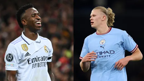 Catherine Ivill/Michael Regan/ Getty Images- Vinícius Jr. (Real Madrid) e Erling Haaland (Manchester City)