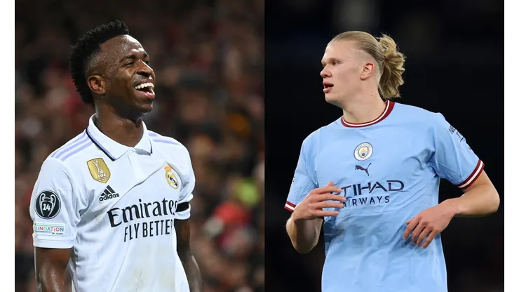 Catherine Ivill/Michael Regan/ Getty Images- Vinícius Jr. (Real Madrid) e Erling Haaland (Manchester City)