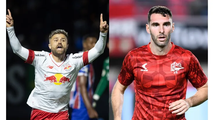 Diogo Reis/AGIF/Rodrigo Valle/Getty Images- Eduardo Sasha (RB Bragantino) e Boselli (Estudiantes)
