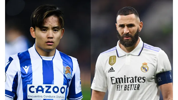 David Ramos/Michael Regan/Getty Images- Takefusa Kubo (Real Sociedad) e Karim Benzema (Real Madrid)