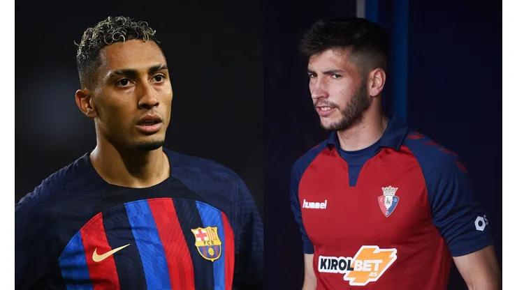 David Ramos/Juan Manuel Serrano Arce/Getty Images- Raphinha (Barcelona) e David García (Osasuna)