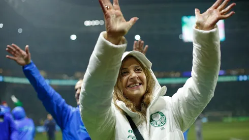 SAO PAULO, BRAZIL – NOVEMBER 02: Leila Pereira President of Palmeiras celebrates winning the championship with the fans after the match between Palmeiras and Fortaleza as part of Brasileirao Series A 2022 at Allianz Parque on November 02, 2022 in Sao Paulo, Brazil. (Photo by Ricardo Moreira/Getty Images)