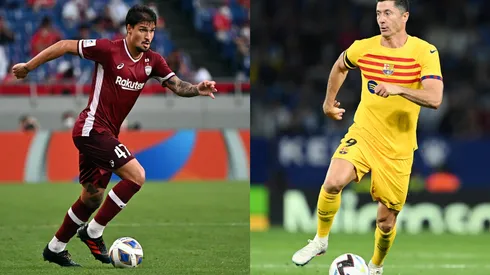 Kenta Harada/ David Ramos/ Getty Images- Matheus Thuler (Vissel Kobe) e Lewandowski (Barcelona).