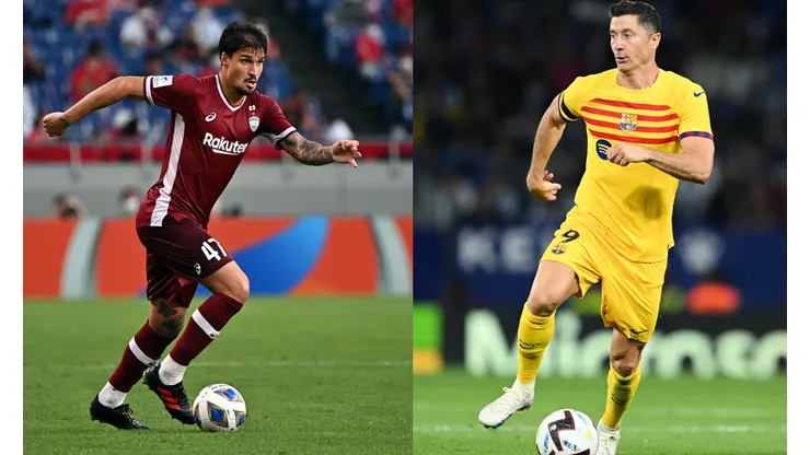 Kenta Harada/ David Ramos/ Getty Images- Matheus Thuler (Vissel Kobe) e Lewandowski (Barcelona).