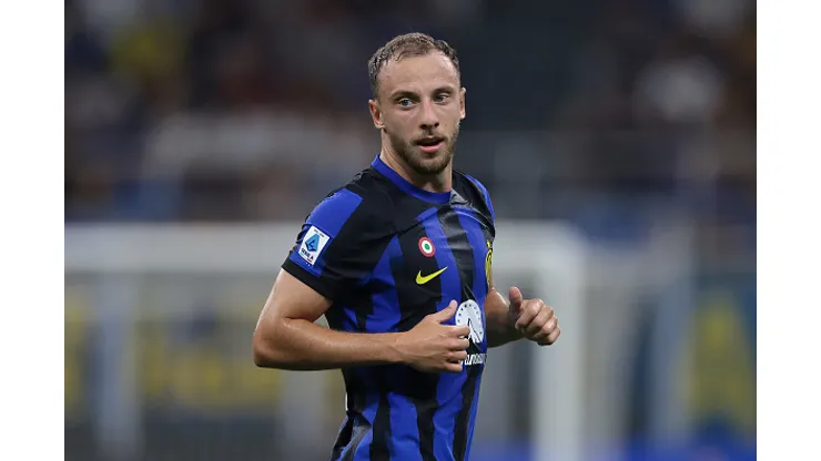 MILAN, ITALY - AUGUST 19: Carlos Augusto of FC Internazionale looks on during the Serie A TIM match between FC Internazionale and AC Monza at Stadio Giuseppe Meazza on August 19, 2023 in Milan, Italy. (Photo by Jonathan Moscrop/Getty Images)