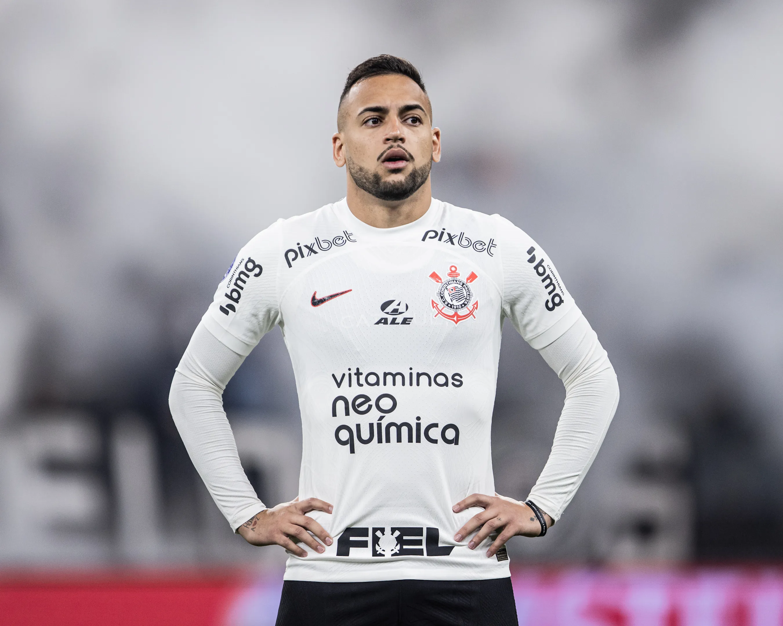 Maycon jogador do Corinthians durante partida contra o Newells Old Boys no estadio Arena Corinthians pelo campeonato Copa Sul-Americana 2023. Foto: Abner Dourado/AGIF