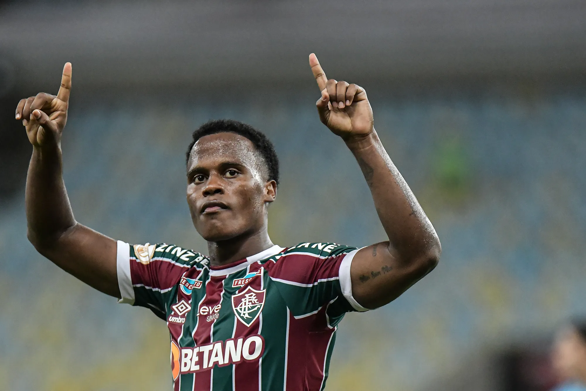 Jhon Arias comemora seu gol durante partida contra o America-MG no estadio Maracana pelo campeonato Brasileiro A 2023. Foto: Thiago Ribeiro/AGIF
