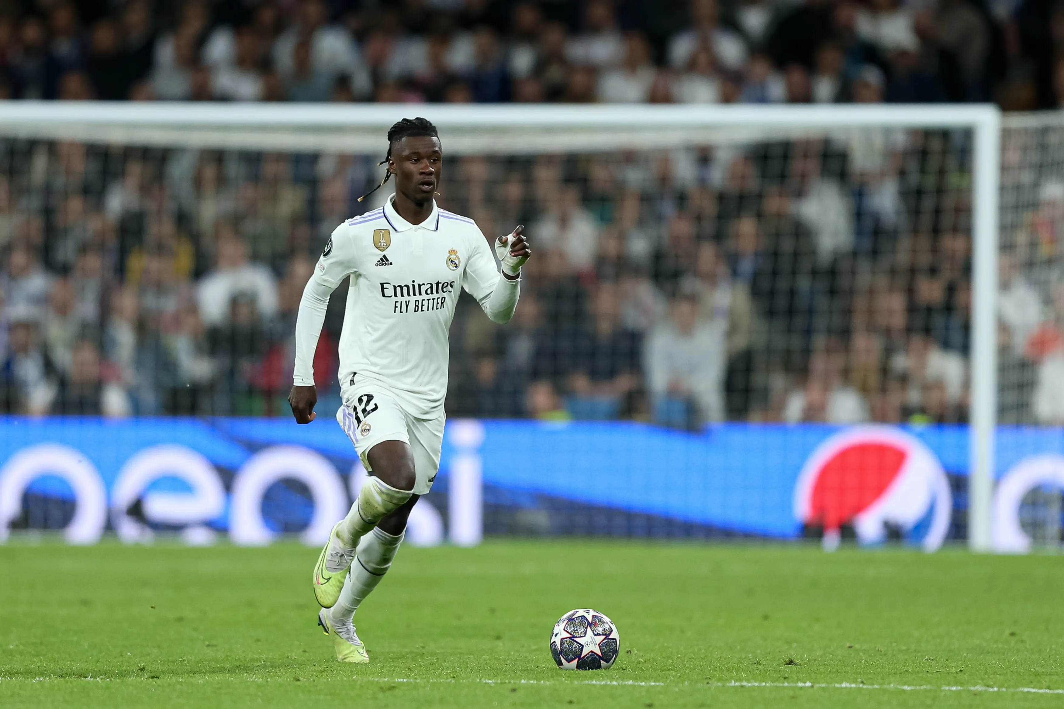 MADRID, SPAIN – APRIL 12: Eduardo Camavinga of Real Madrid in action during the UEFA Champions League quarterfinal first leg match between Real Madrid and Chelsea FC at Estadio Santiago Bernabeu on April 12, 2023 in Madrid, Spain. (Photo by Flor Tan Jun/Getty Images)
