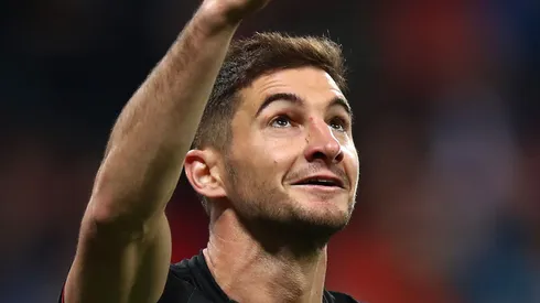 Lucas Alario of Bayer 04 Leverkusen celebrates after scoring his team's second goal during the UEFA Europa League Group A match between Bayer 04 Leverkusen and AEK Larnaca at BayArena on October 4, 2018 in Leverkusen, Germany. (Photo by Maja Hitij/Getty Images)