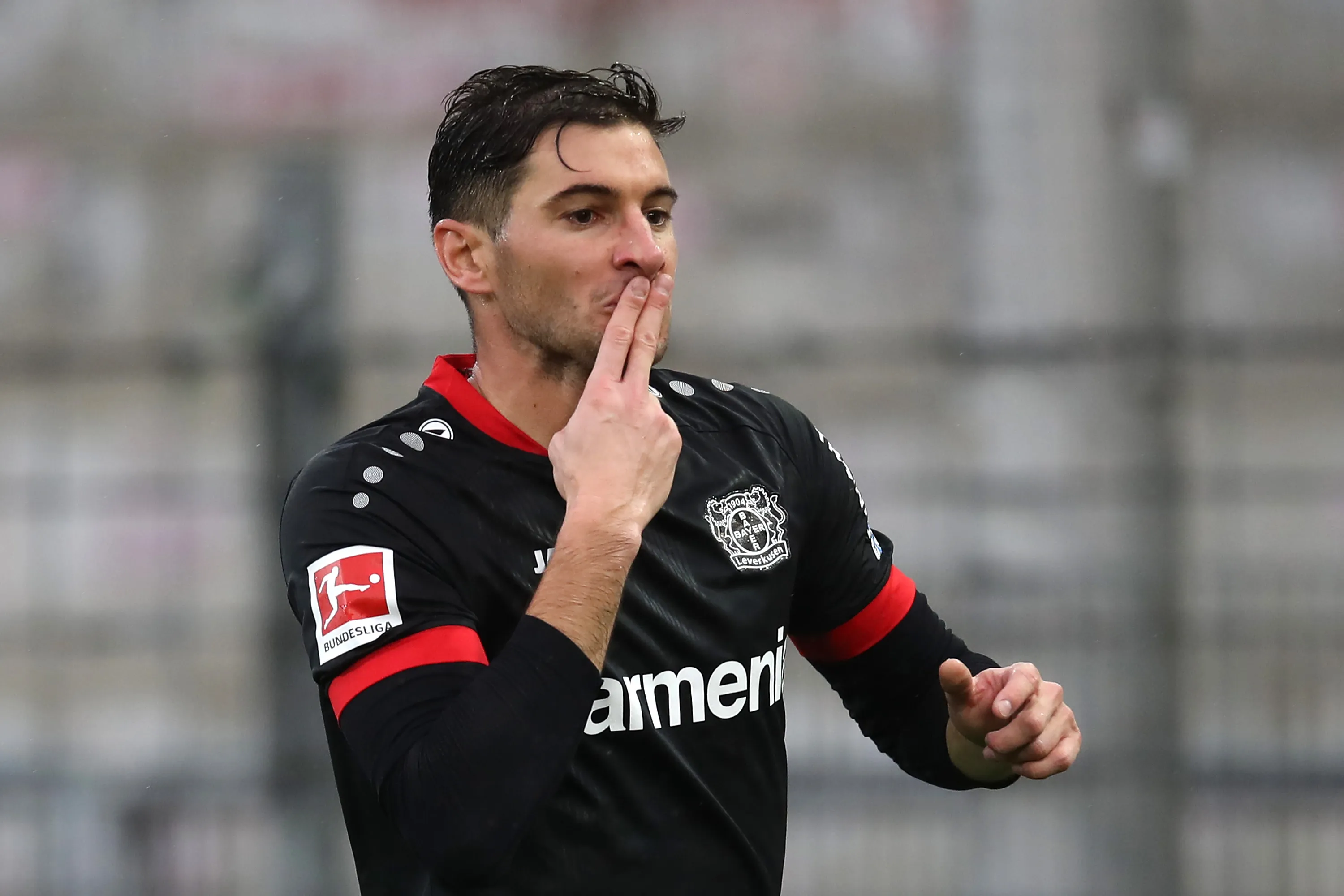 FREIBURG IM BREISGAU, GERMANY – NOVEMBER 01: Lucas Alario of Bayer Leverkusen celebrates after scoring his sides first goal during the Bundesliga match between Sport-Club Freiburg and Bayer 04 Leverkusen at Schwarzwald-Stadion on November 01, 2020 in Freiburg im Breisgau, Germany. Football Stadiums around Europe remain empty due to the Coronavirus Pandemic as Government social distancing laws prohibit fans inside venues resulting in fixtures being played behind closed doors. (Photo by Alex Grimm/Getty Images)