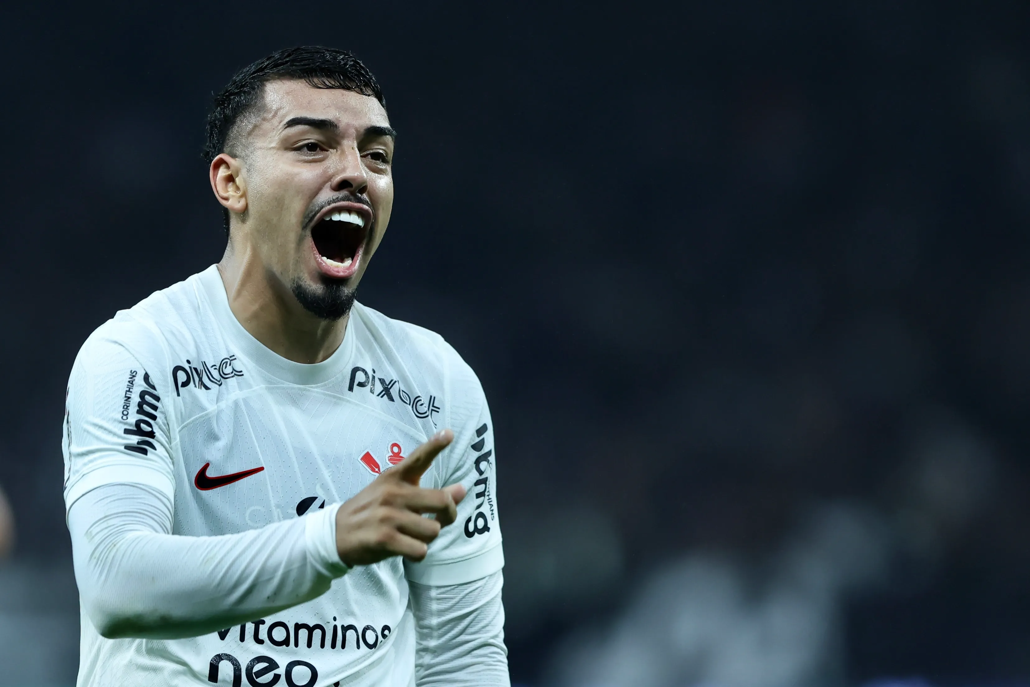 Matheus Bidu comemora seu gol durante partida contra o Atletico-MG no estadio Arena Corinthians pelo campeonato Copa do Brasil 2023. Foto: Marcello Zambrana/AGIF