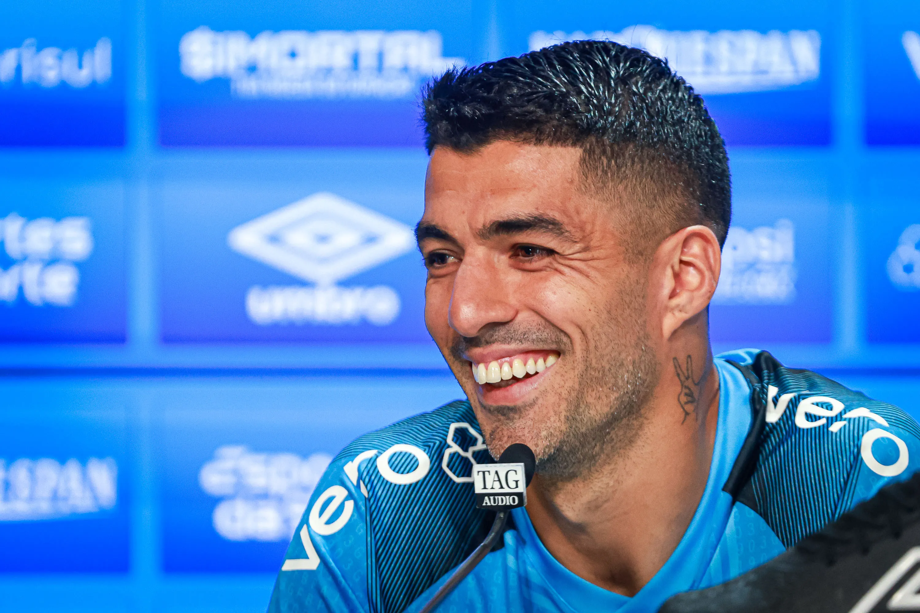 Luís Suárez, na coletiva de imprensa após o jogo contra o Vasco. Foto: Maxi Franzoi/AGIF