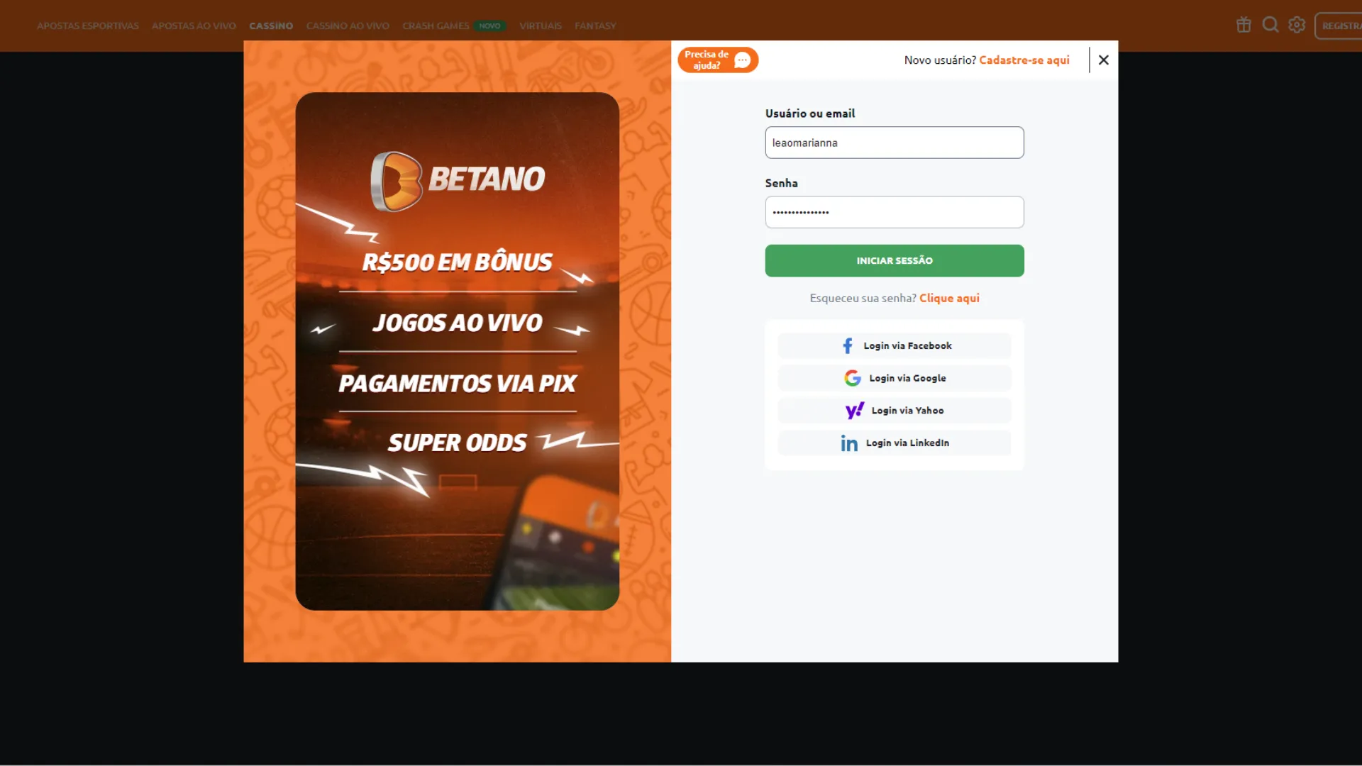 Captura de tela das opções de cadastro na Betano para iniciantes. 