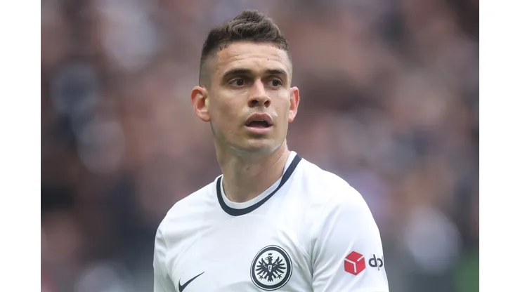 Rafael Borre of Eintracht Frankfurt reacts during the Bundesliga match between Eintracht Frankfurt and FC Augsburg at Deutsche Bank Park on April 29, 2023 in Frankfurt am Main, Germany. (Photo by Alex Grimm/Getty Images)