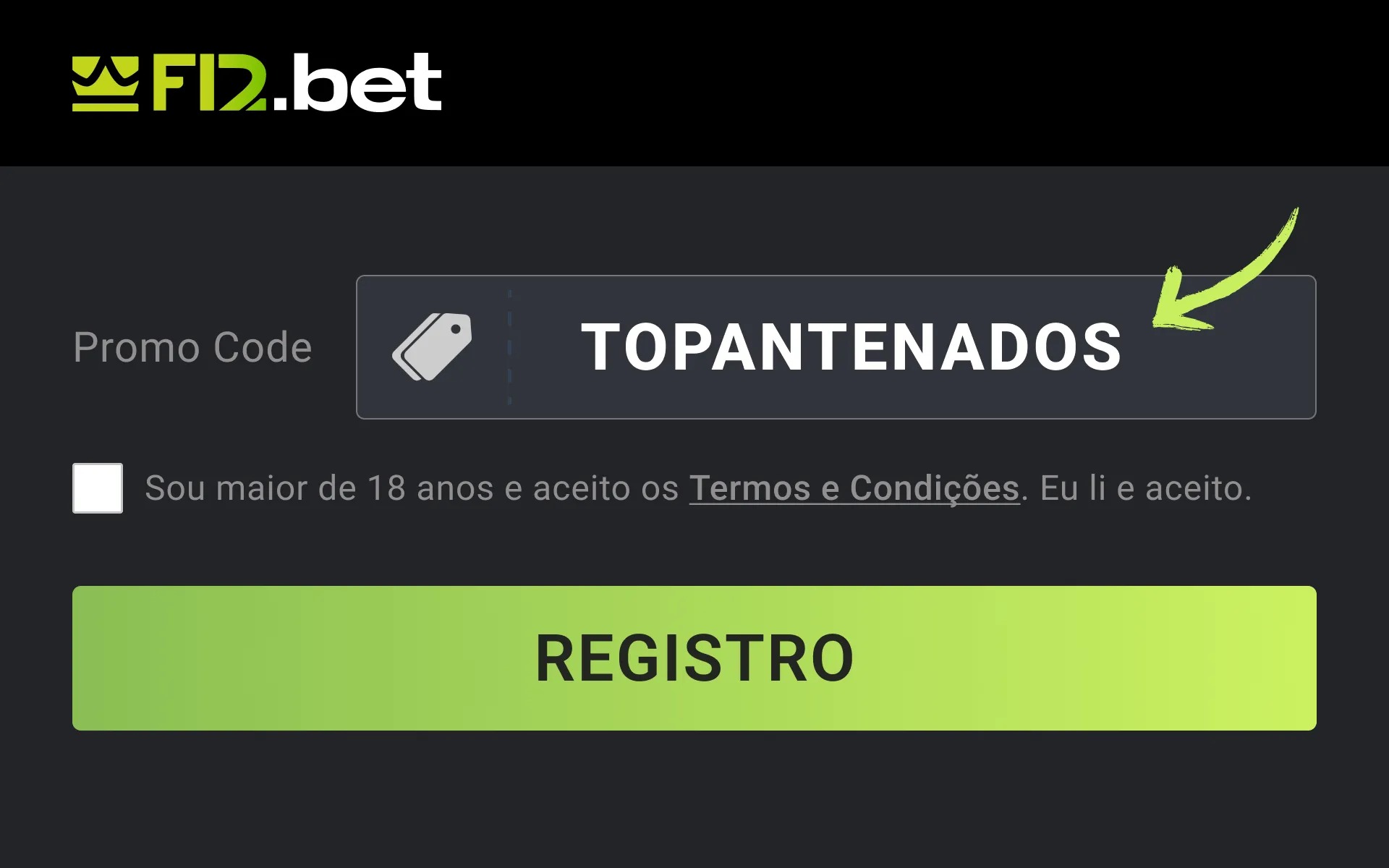 Captura de tela mostrando onde colocar o código bônus TOPANTENADOS no site da F12 bet. 
