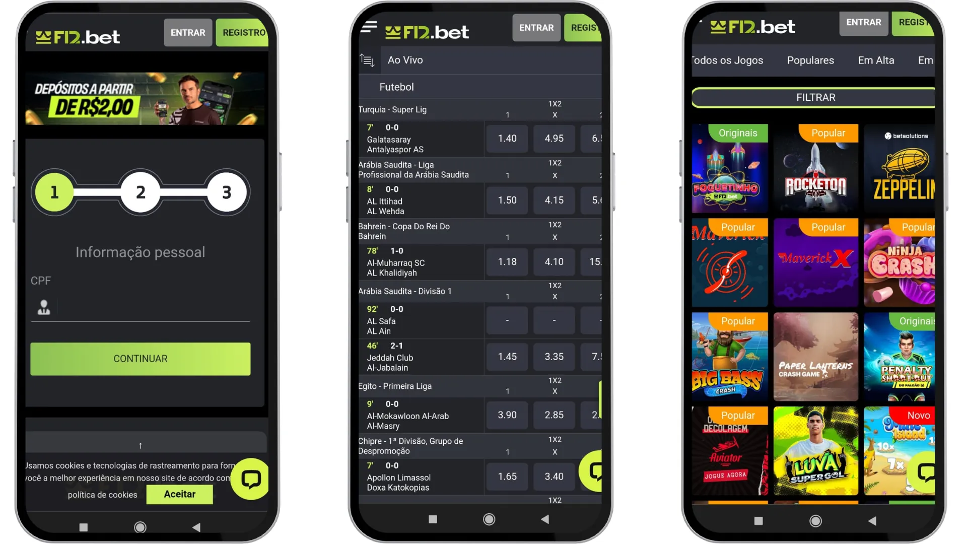 A imagem mostra três celulares com capturas de tela do site da F12 bet para demonstrar como ele é otimizado para dispositivos móveis, já que não tem app.