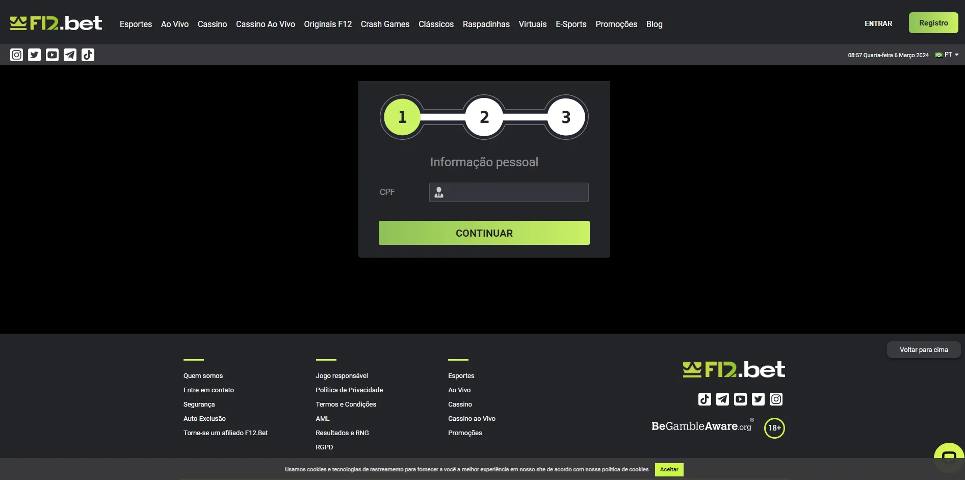 Esta é uma captura de tela mostrando o primeiro passo para se registrar na F12 bet apostas.