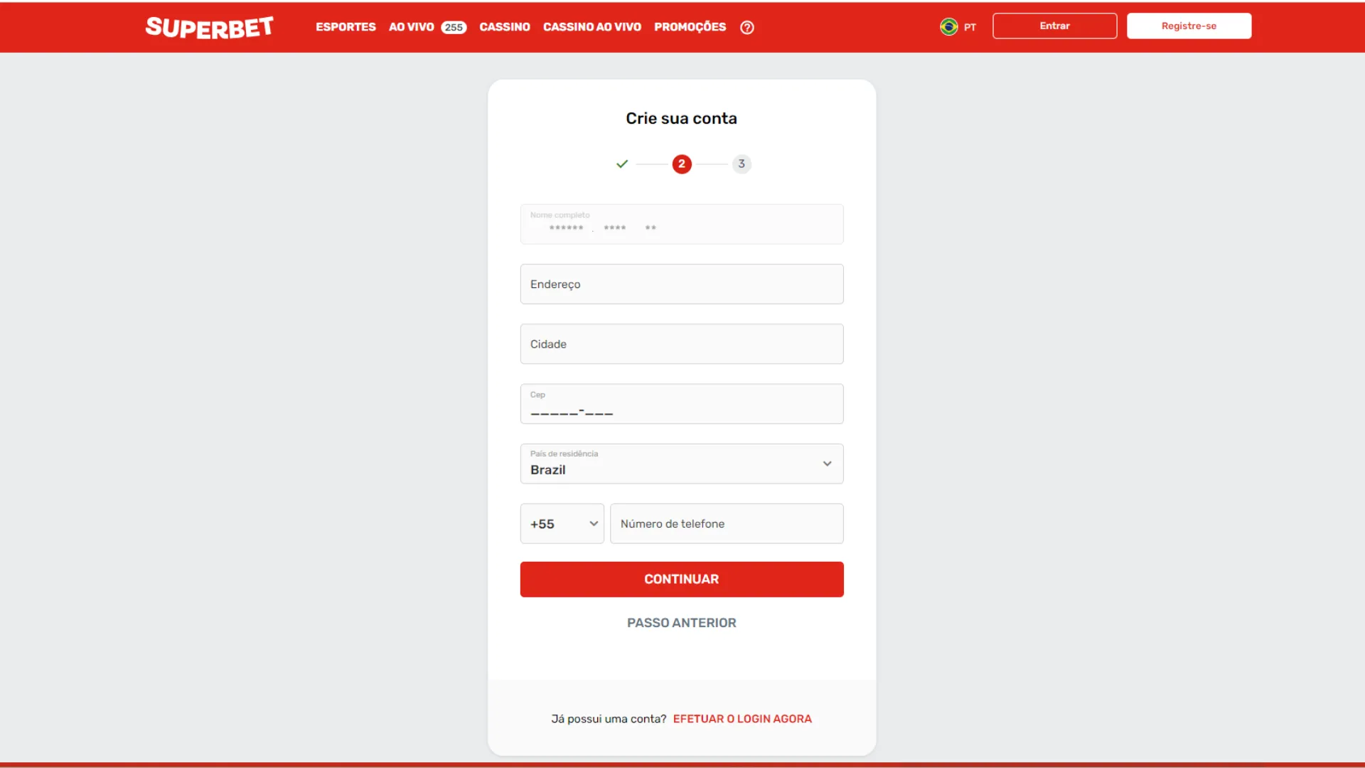 Captura de tela do formulário de cadastro da Superbet.