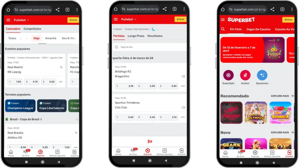 Três capturas de tela mostrando como o site móvel da Superbet é otimizado para celulares.