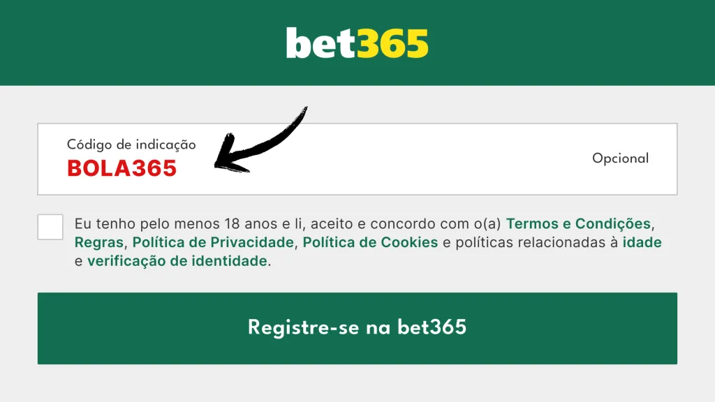 Captura de tela no site da bet365 mostrando onde colocar o código de indicação bet365. 