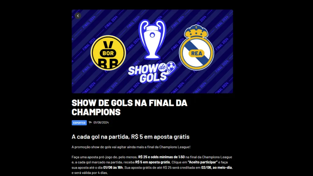 A imagem é uma captura de tela da página do Show de Gols da KTO.