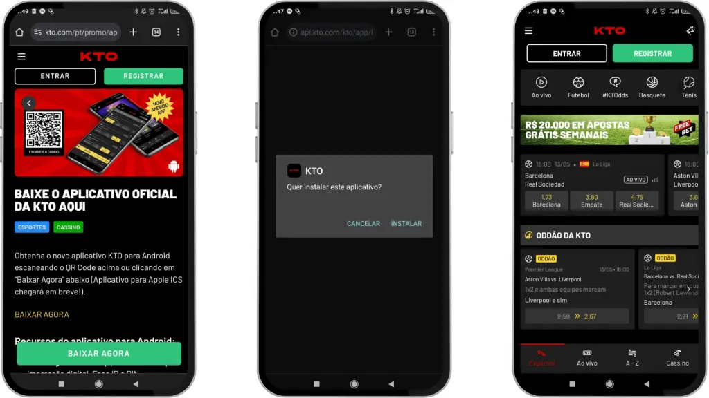 A imagem mostra capturas de tela de como baixar o aplicativo da KTO para Android.