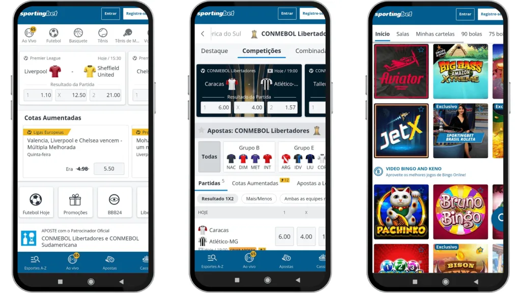 Três capturas de tela mostrando o aplicativo da Sportingbet onde os jogadores podem usar o código promocional Superbet.